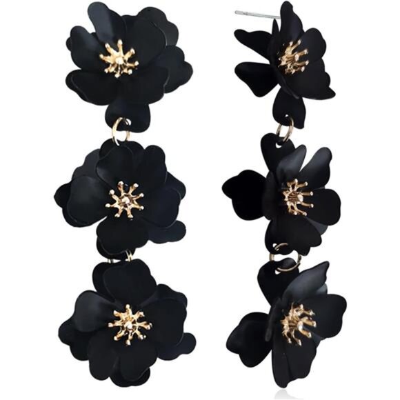 Boho Triple Flower Drop Earrings Long Matte Floral Dangle Black Floral Earrings - Picture 1 of 6